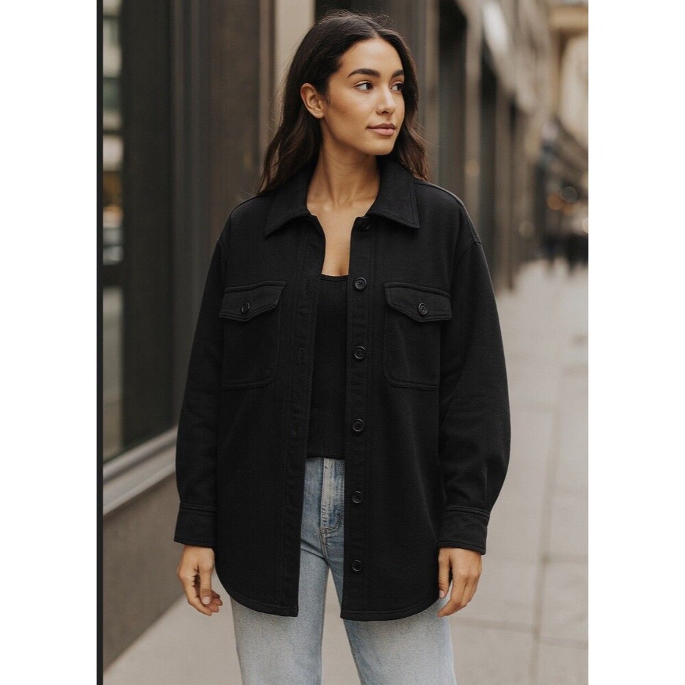Good American Shacket Shirt Jacket 1/2 Black Fleece Oversized Minimalist S/M